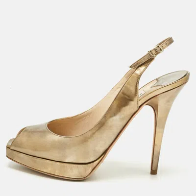 Jimmy Choo Gold Leather Nova Peep Toe Slingback Pumps In Brown