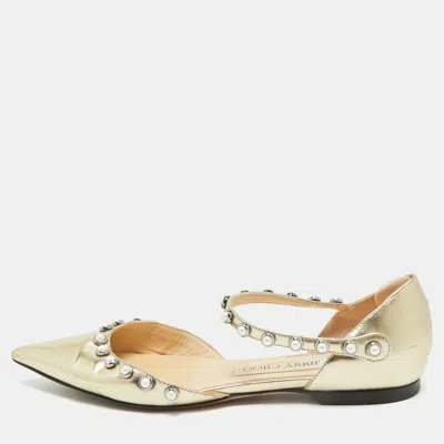 Jimmy Choo Gold Leather Pearl Embellish Leema Ankle Strap Flats