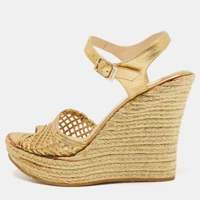 Pre-owned Jimmy Choo Gold Leather Platform Wedge Ankle Strap Sandals Size 39.5