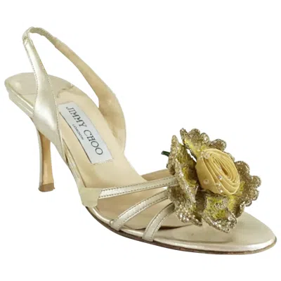 Pre-owned Jimmy Choo Gold Leather Sandals With Rose Front - 36 In Red