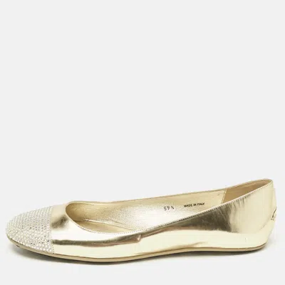 Pre-owned Jimmy Choo Gold Leather Waine Crystal Embellished Cap Toe Ballet Flats Size 39.5