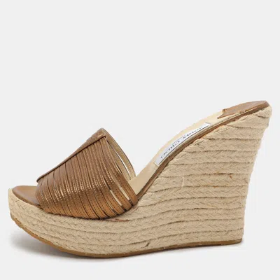 Pre-owned Jimmy Choo Gold Leather Wedge Espadrille Silde Sandals Size 40.5