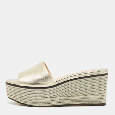 Jimmy Choo Gold Leather Wedge Espadrille Slide Sandals