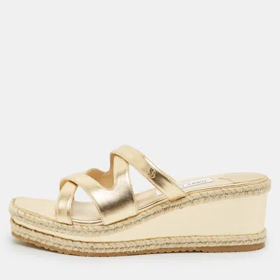 Pre-owned Jimmy Choo Gold Leather Wedge Slide Sandals Size 38