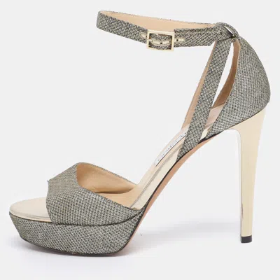 Pre-owned Jimmy Choo Gold Lurex Fabric And Glitter Kayden Platform Ankle Strap Sandals Size 38