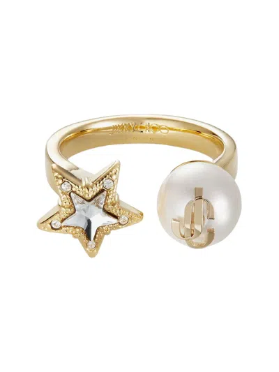Jimmy Choo Gold Metal Ring With Pearl And Stormy Star Of Crystals