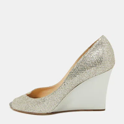Pre-owned Jimmy Choo Gold Metallic Glitter Fabric Baxen Wedge Pumps Size 42