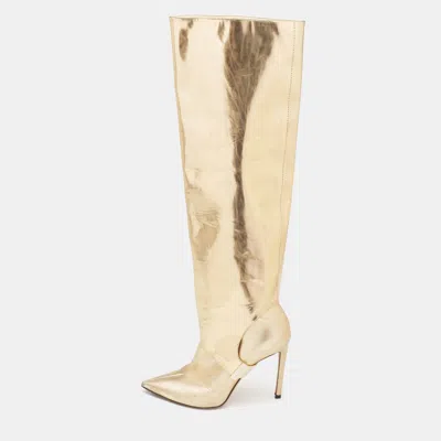 Pre-owned Jimmy Choo Gold Patent Leather Knee Length Boots Size 36.5