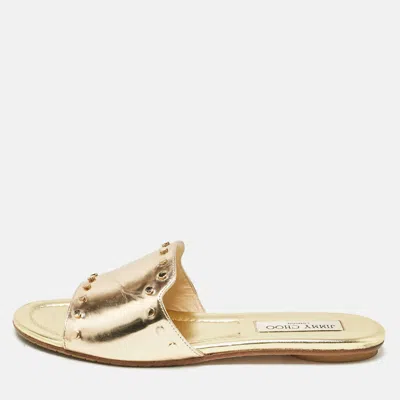 Jimmy Choo Gold Patent Leather Nanda Flat Slides In White