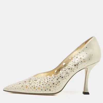Pre-owned Jimmy Choo Gold Perforated Suede Ziri Pumps Size 38.5