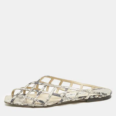 Pre-owned Jimmy Choo Gold Python Embossed Leather Sai Flat Sandals Size 40