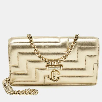 Pre-owned Jimmy Choo Gold Quilted Leather Avenue Wallet On Chain