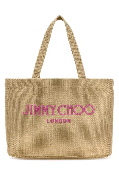 Jimmy Choo Gold Rafia Mini Beach Shopping Bag In Goldfuchsialightgold