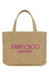 Jimmy Choo Gold Rafia Mini Beach Shopping Bag In Goldfuchsialightgold