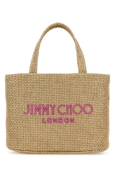 Jimmy Choo Gold Rafia Mini Beach Shopping Bag In Goldfuchsialightgold