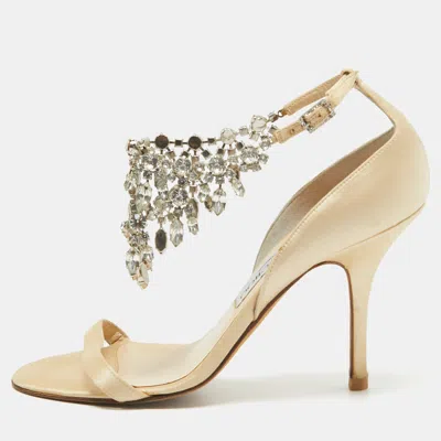 Pre-owned Jimmy Choo Gold Satin Crystal Embellished Ankle Strap Sandals Size 38