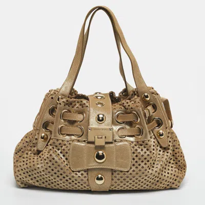 Jimmy Choo Gold Shimmer Perforated Suede Riki Tote In Neutral