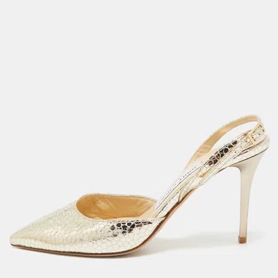 Pre-owned Jimmy Choo Gold Texture Leather Pointed Toe Slingback Pumps Size 36.5