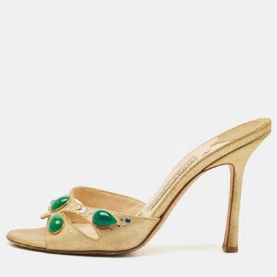 Pre-owned Jimmy Choo Gold Texture Suede Crystal Embellished Slide Sandals Size 36.5