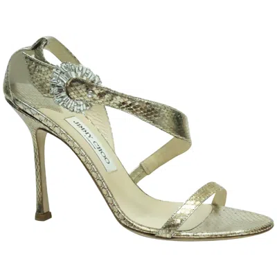 Pre-owned Jimmy Choo Gold Watersnake Sandal W/ Swarovski Buckle - 39 - New/never Worn In Brown