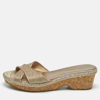 Pre-owned Jimmy Choo Gold Woven Leather Prima Cork Wedge Sandals Size 40