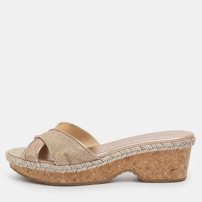 Pre-owned Jimmy Choo Gold Woven Raffia Panna Wedge Sandals Size 36