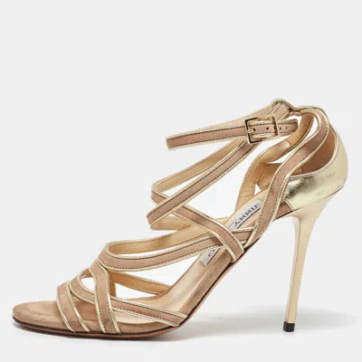 Pre-owned Jimmy Choo Gold/beige Leather And Suede Ankle Strap Sandals Size 37.5