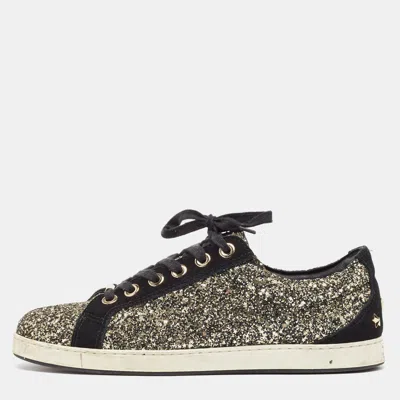 Jimmy Choo Gold/black Glitter And Suede Lace Up Sneakers 41