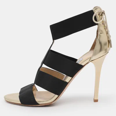 Pre-owned Jimmy Choo Gold/black Leather And Elastic Cage Sandals Size 38.5