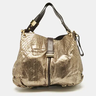 Pre-owned Jimmy Choo Gold/brown Leather And Snakeskin Alex Shoulder Bag