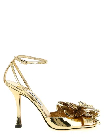 Jimmy Choo Mimmi Sandals Floral Embellishment Metallic Finish Open Toe In Gold