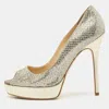 Jimmy Choo Metallic Gold Glitter Fabric Dahlia Peep Toe Platform Pumps In Multi