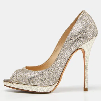 JIMMY CHOO GOLD/SILVER GLITTER AND LEATHER LUNA PEEP TOE PUMPS