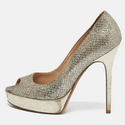 Jimmy Choo Gold/silver Glitter And Leather Luna Peep Toe Pumps In Blue