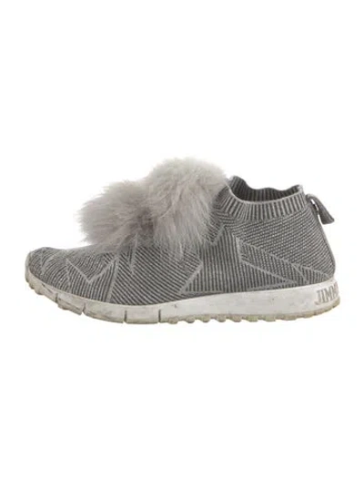 Pre-owned Jimmy Choo Graphic Print Fur Trim Sneakers In Gray