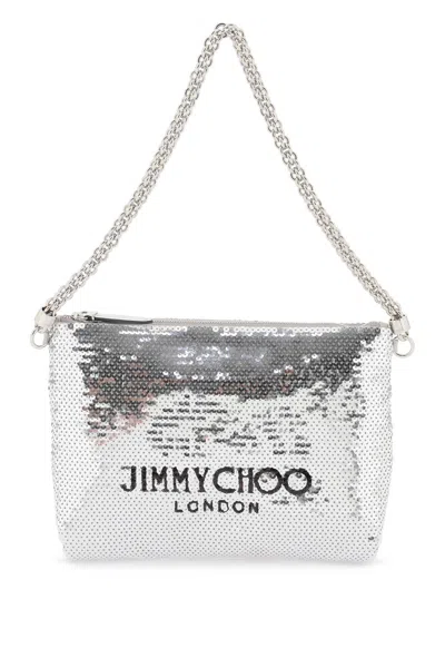 Jimmy Choo Gray Sequin Shoulder Bag With Chain Handle And Logo Lettering In Grey