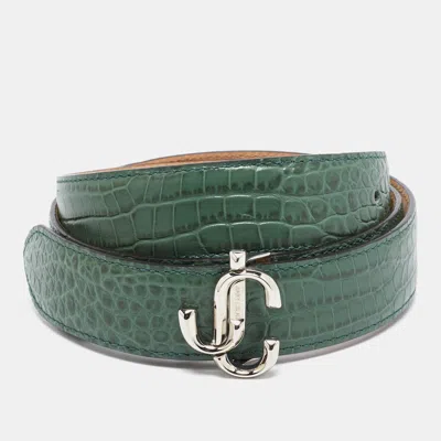 Pre-owned Jimmy Choo Green Croc Embossed Leather Jc Logo Belt 90cm