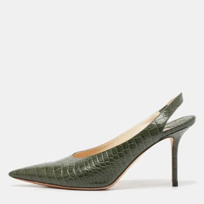 Pre-owned Jimmy Choo Green Croc Embossed Leather Thandi Slingback Pumps Size 38.5