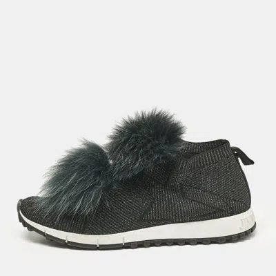Pre-owned Jimmy Choo Green Fur And Lurex Fabric Norway Pom Pom Sneakers Size 40