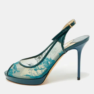 Jimmy Choo Green Lace And Patent Leather Nova Peep-toe Slingback Sandals