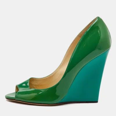 Pre-owned Jimmy Choo Green Patent Leather Peep Toe Wedge Pumps Size 40
