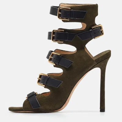 Jimmy Choo Green Suede Buckle Strappy Sandals