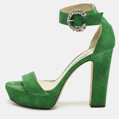 Pre-owned Jimmy Choo Green Suede Crystal Embellished Ankle Strap Sandals Size 39