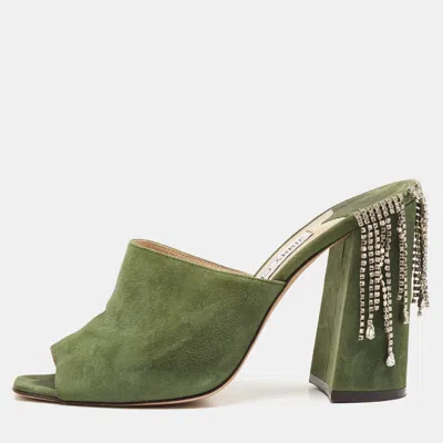 Pre-owned Jimmy Choo Green Suede Crystal Embellished Baia Mules Size 39