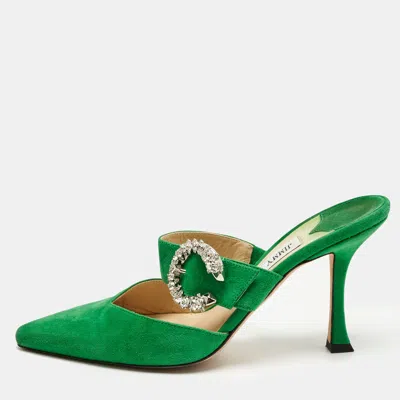 Jimmy Choo Green Suede Crystal Embellished Marta Mules