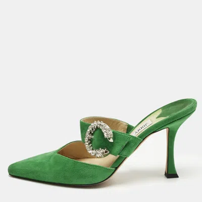 Pre-owned Jimmy Choo Green Suede Crystal Embellished Marta Mules Size 38