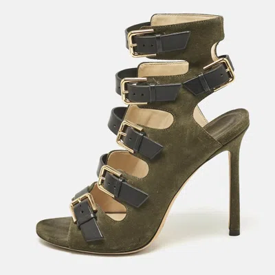 Pre-owned Jimmy Choo Green/black Suede And Leather Buckle Strappy Sandals Size 36.5