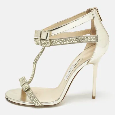 Pre-owned Jimmy Choo Grey Leather And Suede Escape Crystal T-strap Sandals Size 37.5