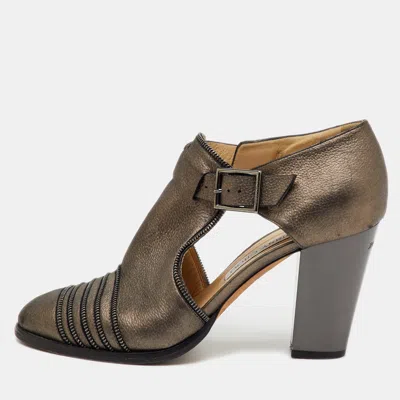 Jimmy Choo Grey Leather Zip Detail Block Heel Pumps In Metallic