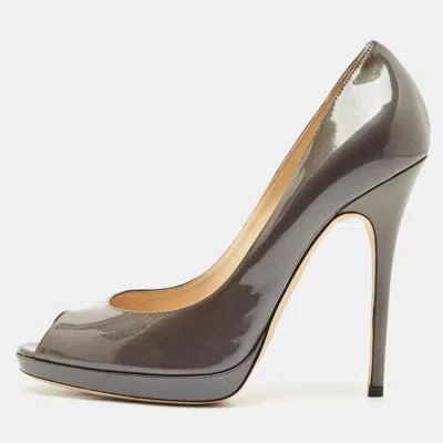 Jimmy Choo Grey Patent Leather Quiet Peep Toe Pumps In Gray